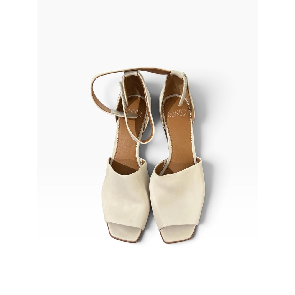 Sarto Franco Sarto Womens Cream Leather Ankle Strap Square Toe Cone Heel Sandals